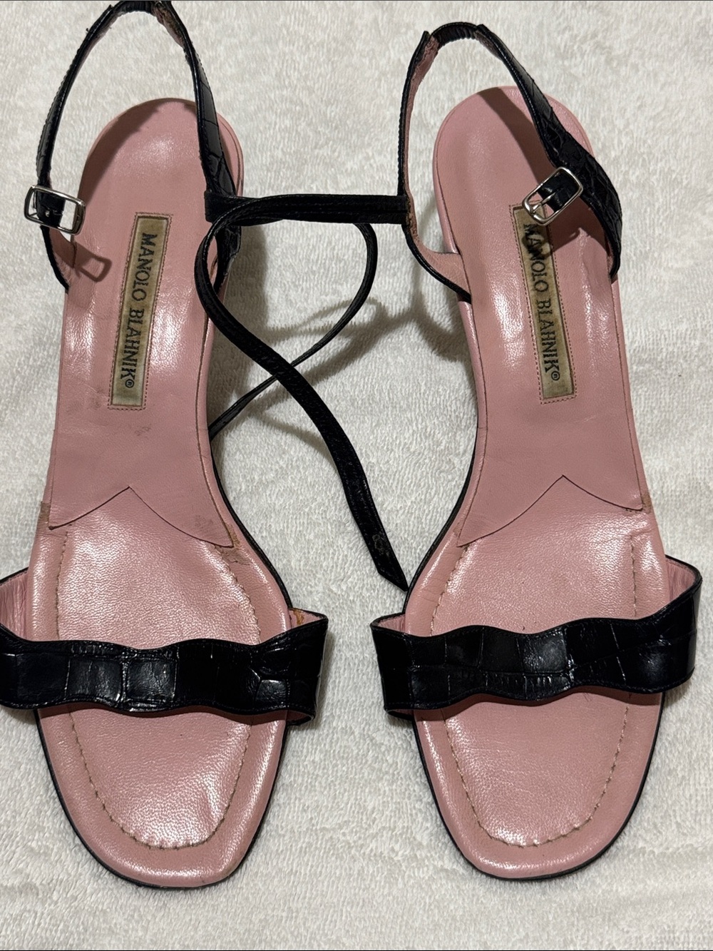 Manolo Blahnik Black Strap Sandals with Pink Insole